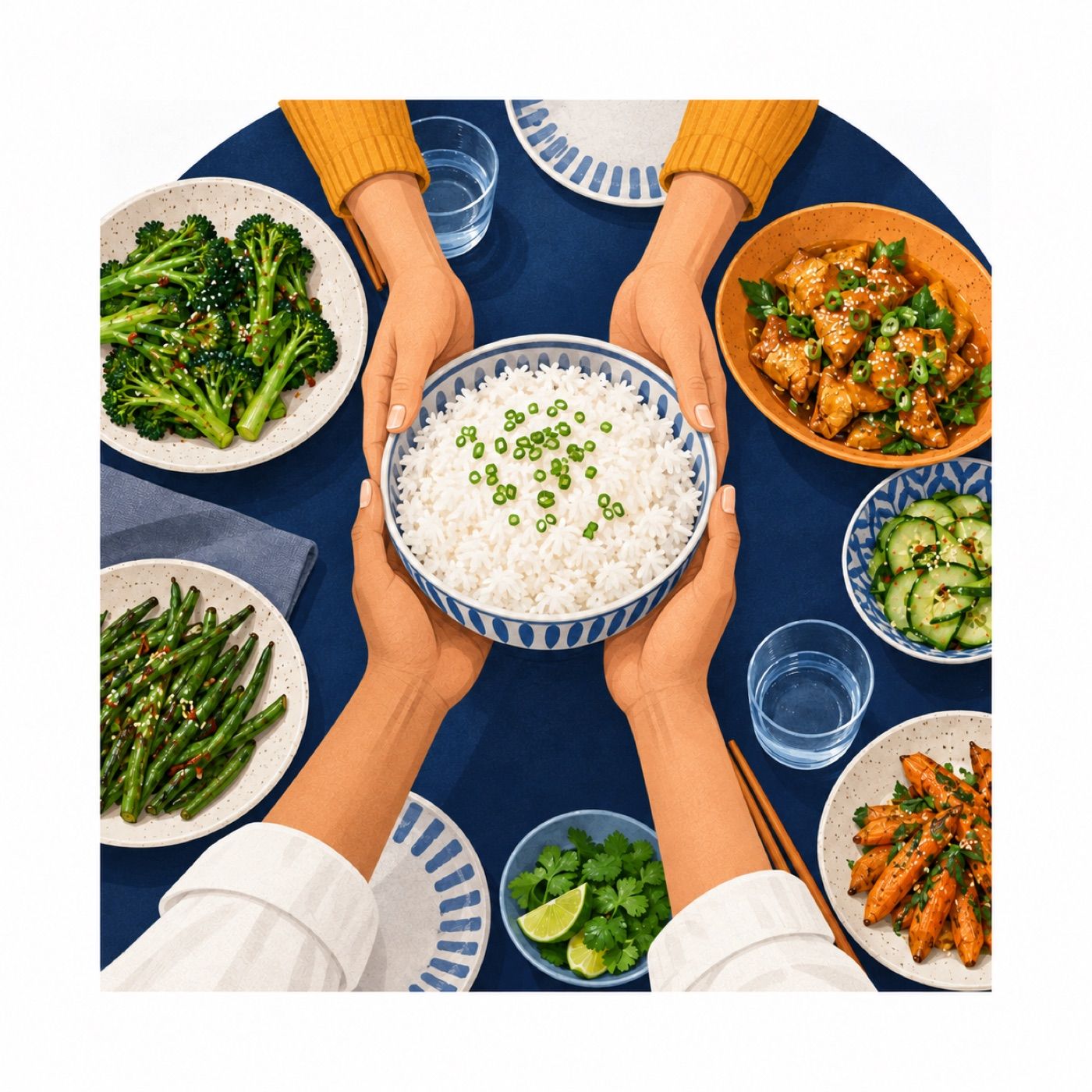 Illustration from above of a family dinner table: one adult passes a bowl of rice across the table to another, among shared dishes of greens, chicken and prawns.