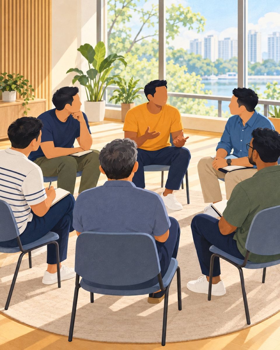 Illustration of dads sitting in a workshop circle