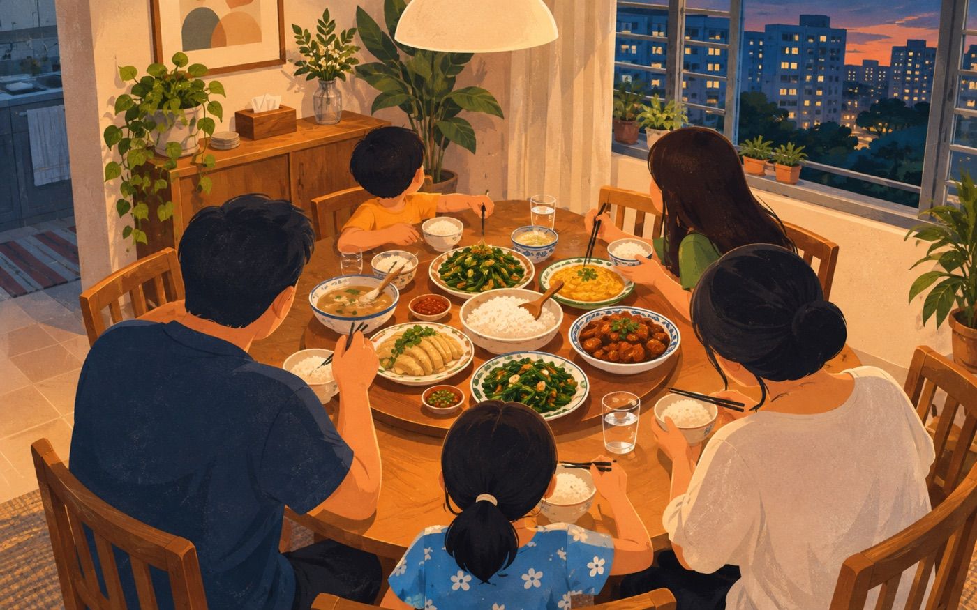 Illustration of a family round a dinner table at home in the evening, seen from behind