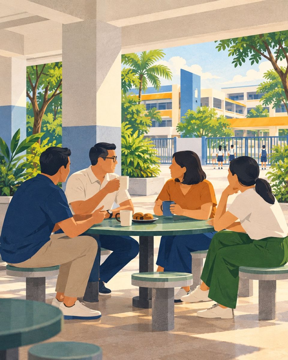 Illustration of parents talking over drinks at a table