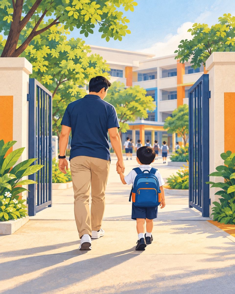 Illustration of a dad walking with his child through a school gate